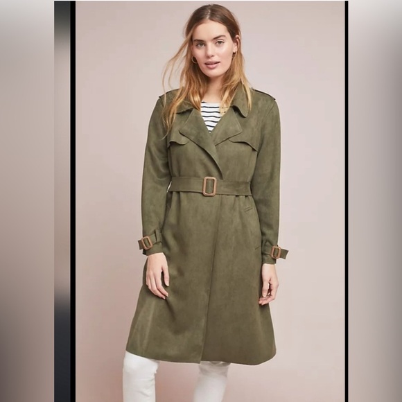 Anthropologie Jackets & Blazers - Anthropologie Harley Faux Suede Olive Green Trench Coat XS